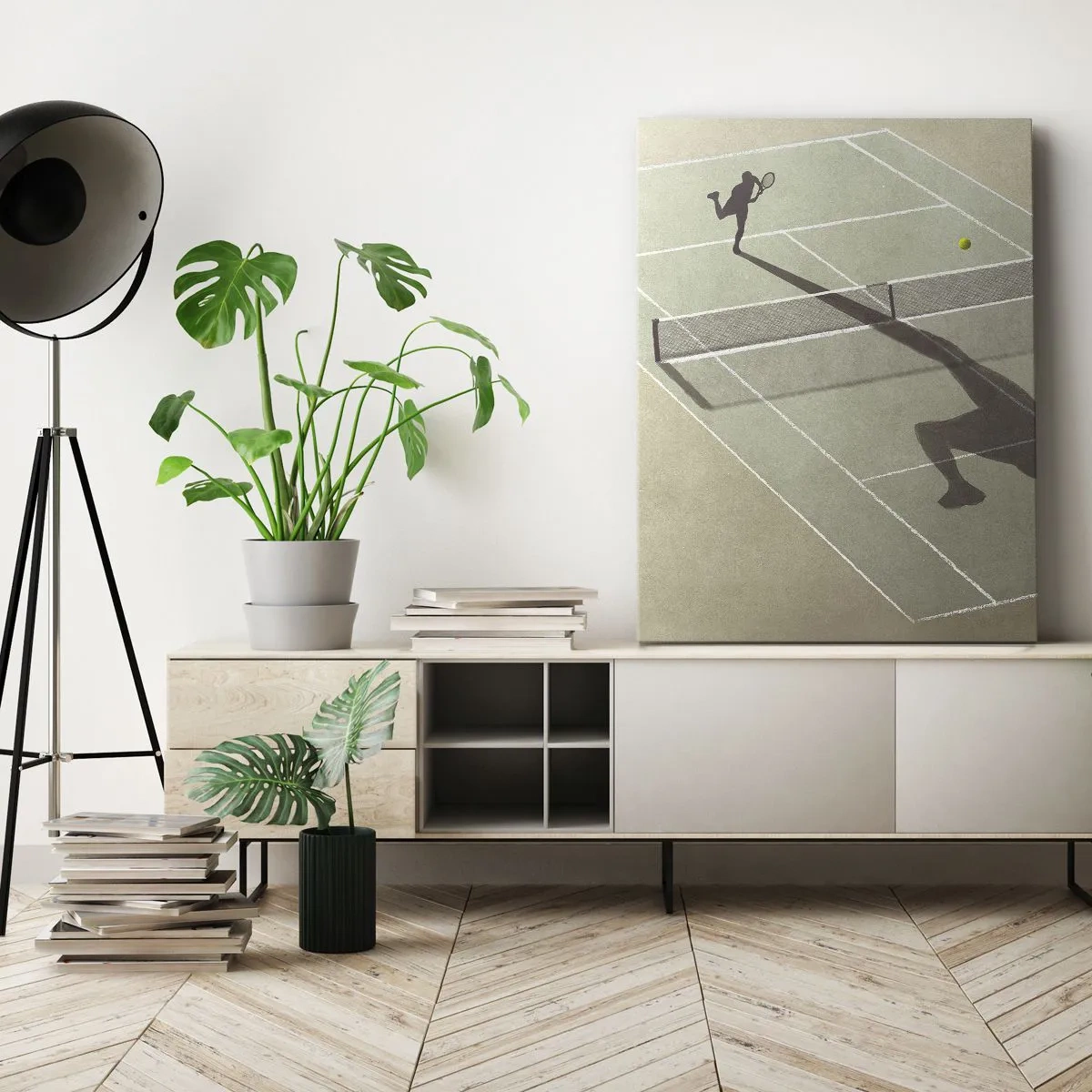 Cuadro sobre lienzo - Impresión de Imagen - La sombra de un tenista en la cancha durante un partido de tenis. - 80x120cm - Véncete a ti mismo - Decoración de pared moderna para salón y dormitorio ARTTOR