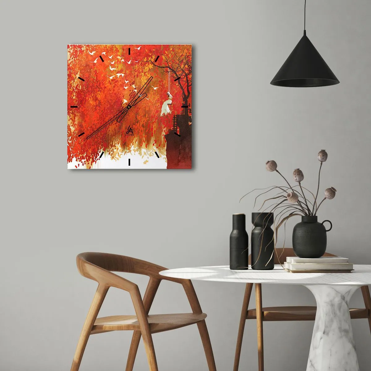 Reloj de pared - Reloj de vidrio - Una figura en un columpio junto a un árbol rodeado de hojas rojas. - 30x30cm - ¿Volará con ellos? - Decoración de pared moderna para salón y dormitorio ARTTOR