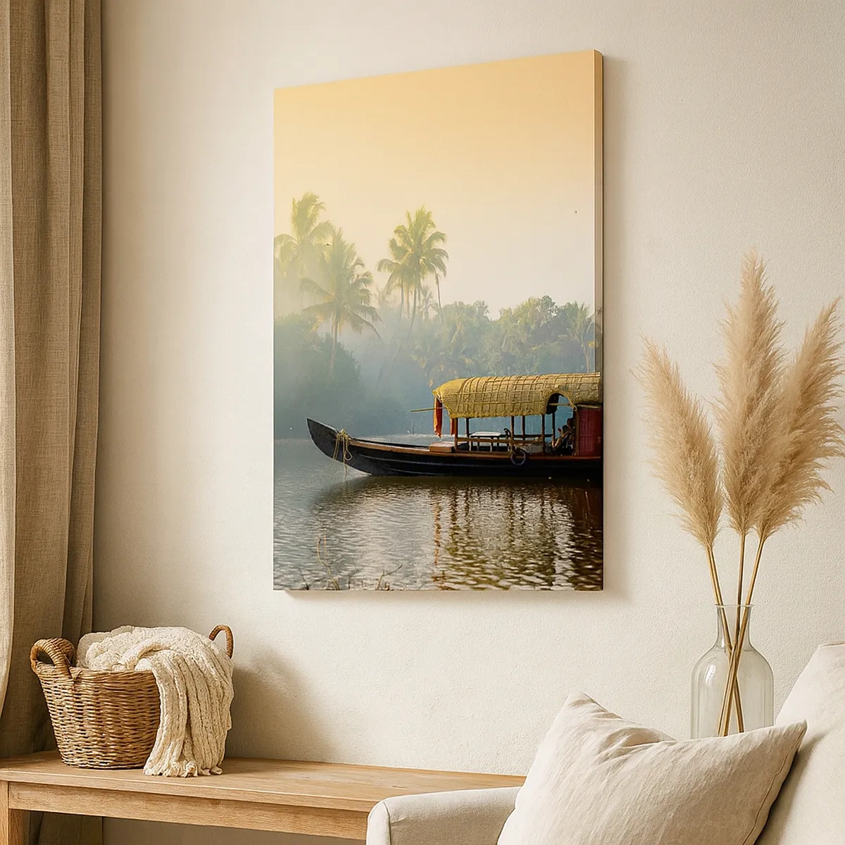 Cuadro sobre lienzo - Impresión de Imagen - Un barco tradicional en un río tranquilo entre palmeras. - 50x70cm - Casa en el río - Decoración de pared moderna para salón y dormitorio ARTTOR