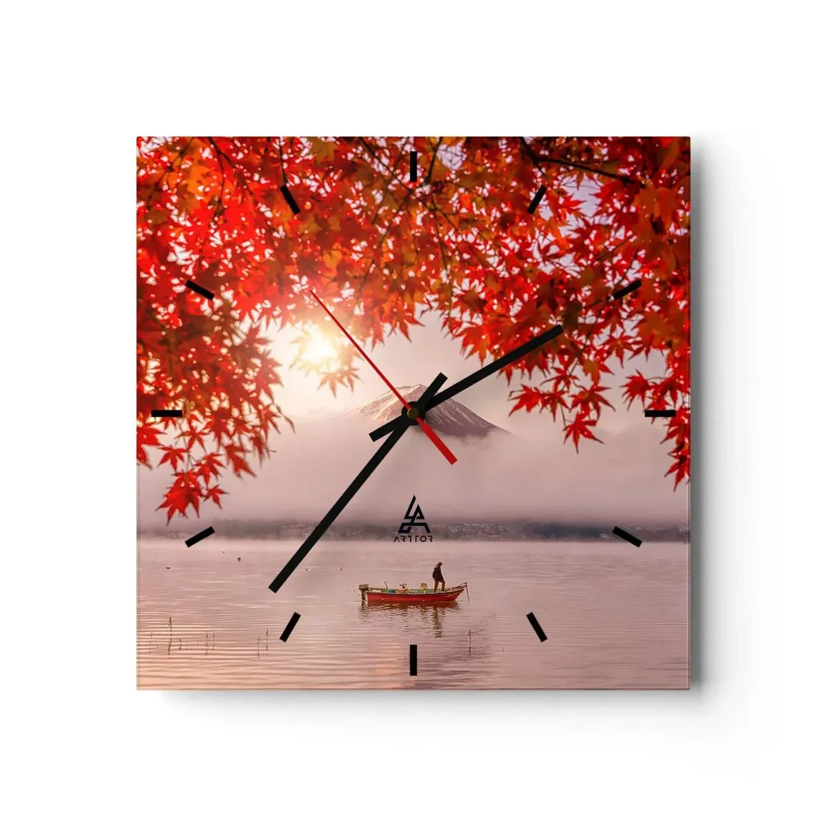 Reloj de pared - Reloj de vidrio - Un barco en un lago rodeado de hojas de arce rojas. - 30x30cm - Estilo japonés - Decoración de pared moderna para salón y dormitorio ARTTOR