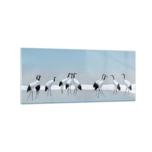 Cuadro sobre vidrio - Impresiones sobre Vidrio - Un grupo de grullas contra un cielo azul y el sol naciente. - 120x50cm - Después de un día caluroso - Decoración de pared moderna para salón y dormitorio ARTTOR