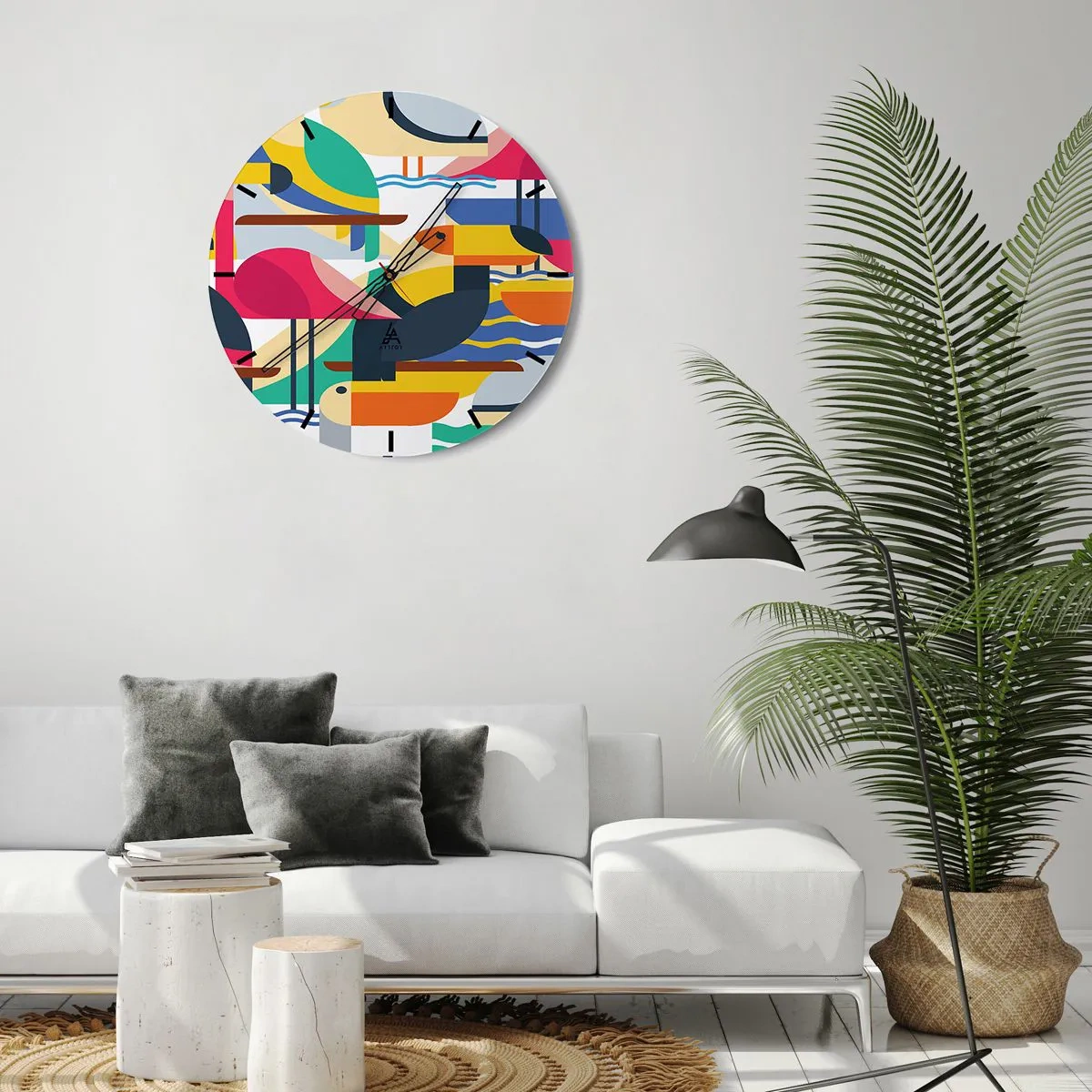 Reloj de pared - Reloj de vidrio - Un patrón colorido con pájaros y formas geométricas. - 30x30cm - Fiesta de las aves - Decoración de pared moderna para salón, cocina y dormitorio ARTTOR