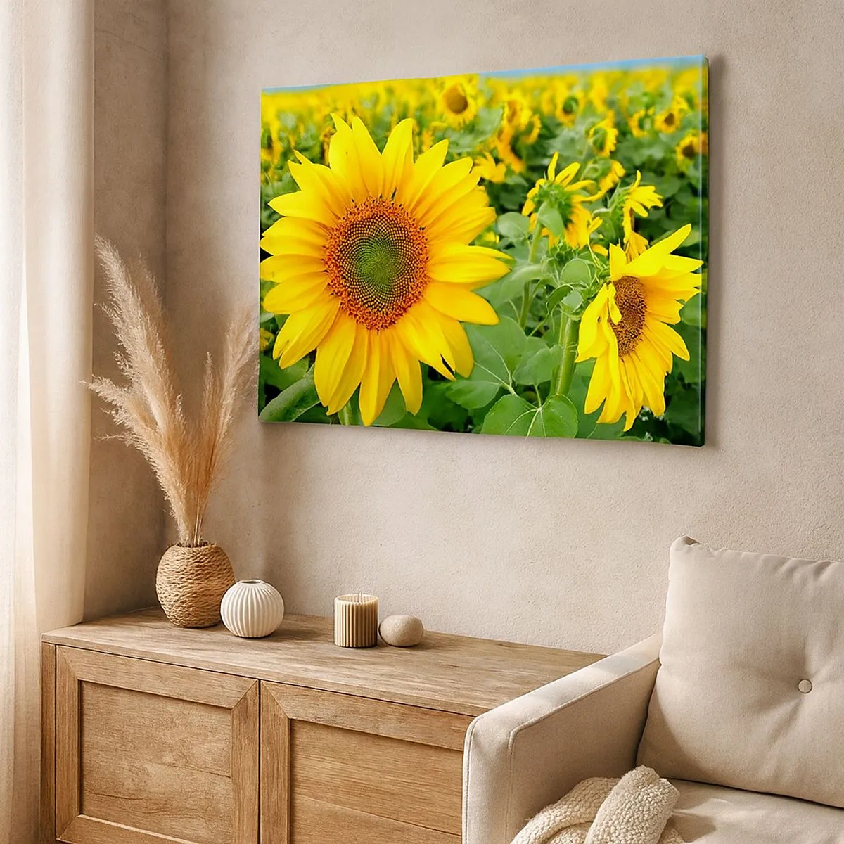 Cuadro sobre lienzo - Impresión de Imagen - Un campo de girasoles con flores amarillas sobre un fondo de hojas verdes. - 70x50cm - Cientos de soles estallan - Decoración de pared moderna para salón y dormitorio ARTTOR