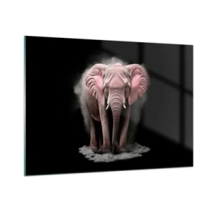 Cuadro sobre vidrio - Impresiones sobre Vidrio - Un elefante rosa sobre un fondo negro rodeado de una nube de polvo. - 100x70cm - El rey rosado de oriente - Decoración de pared moderna para salón y dormitorio ARTTOR
