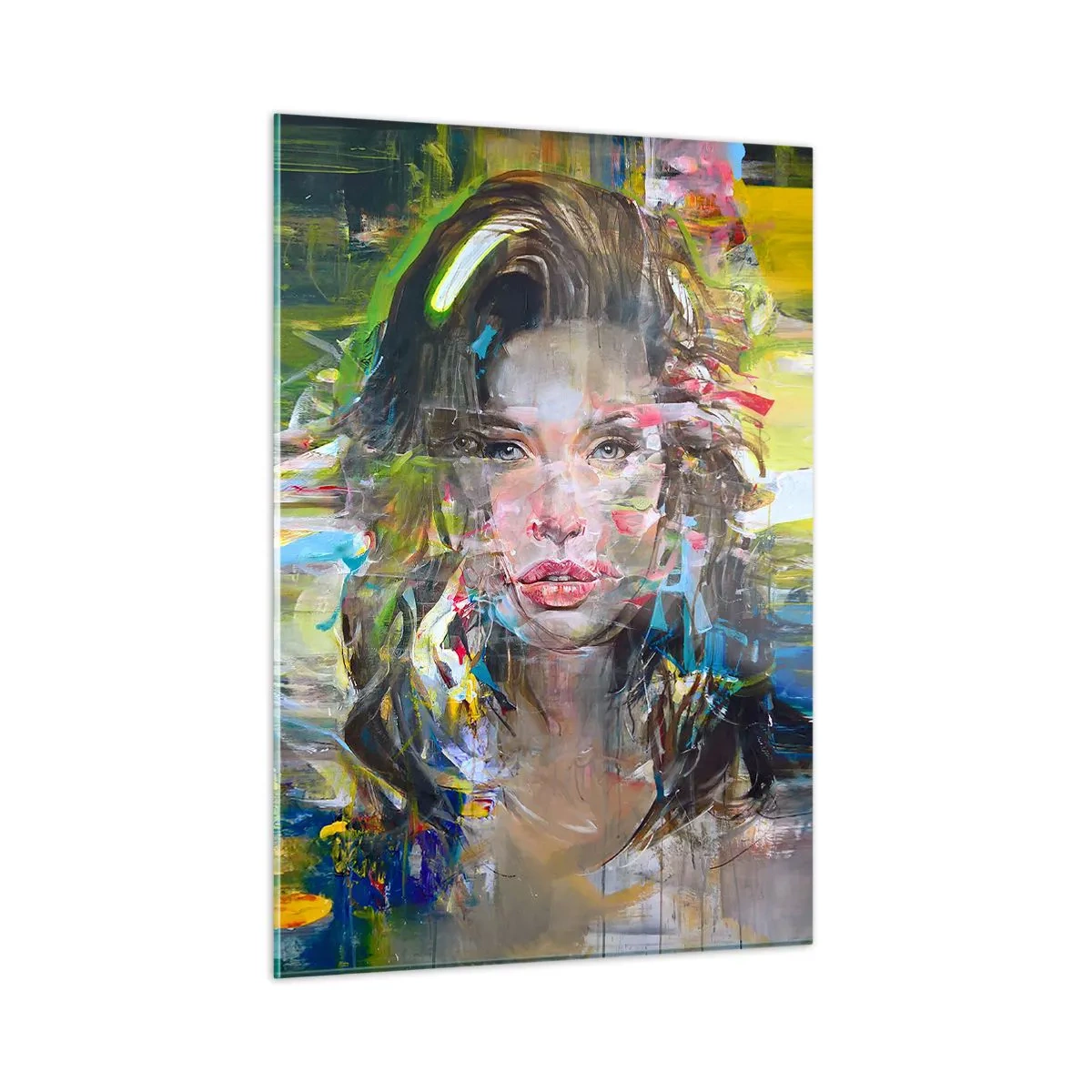Cuadro sobre vidrio - Impresiones sobre Vidrio - Retrato abstracto de una mujer con un fondo dinámico. - 50x70cm - Tras el velo del aire - Decoración de pared moderna para salón y dormitorio ARTTOR