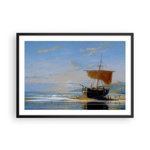 Póster en marco negro - Un barco en la orilla del mar en un día soleado. - 70x50cm - Agua, tierra, aire - Decoración de pared moderna para salón y dormitorio ARTTOR