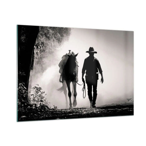 Cuadro sobre vidrio - Impresiones sobre Vidrio - Silueta de un vaquero guiando a un caballo a través de un paisaje brumoso - 100x70cm - La mañana de Texas - Decoración de pared moderna para salón y dormitorio ARTTOR