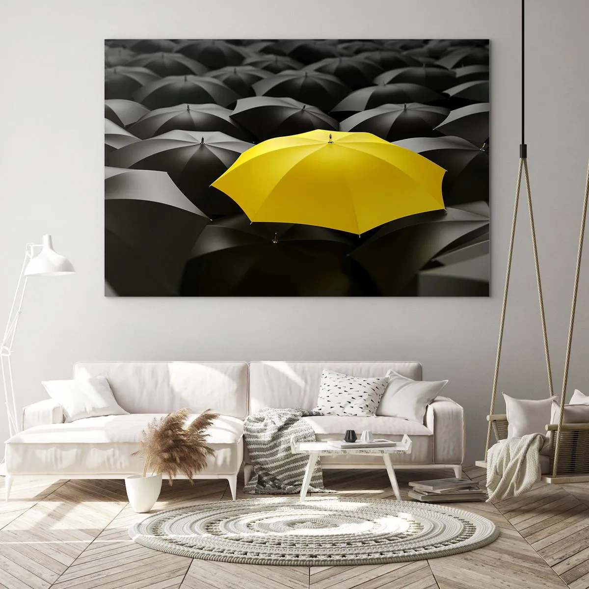 Cuadro sobre vidrio - Impresiones sobre Vidrio - Un paraguas amarillo que destaca entre los negros. - 120x80cm - Adiós a la tristeza - Decoración de pared moderna para salón y dormitorio ARTTOR