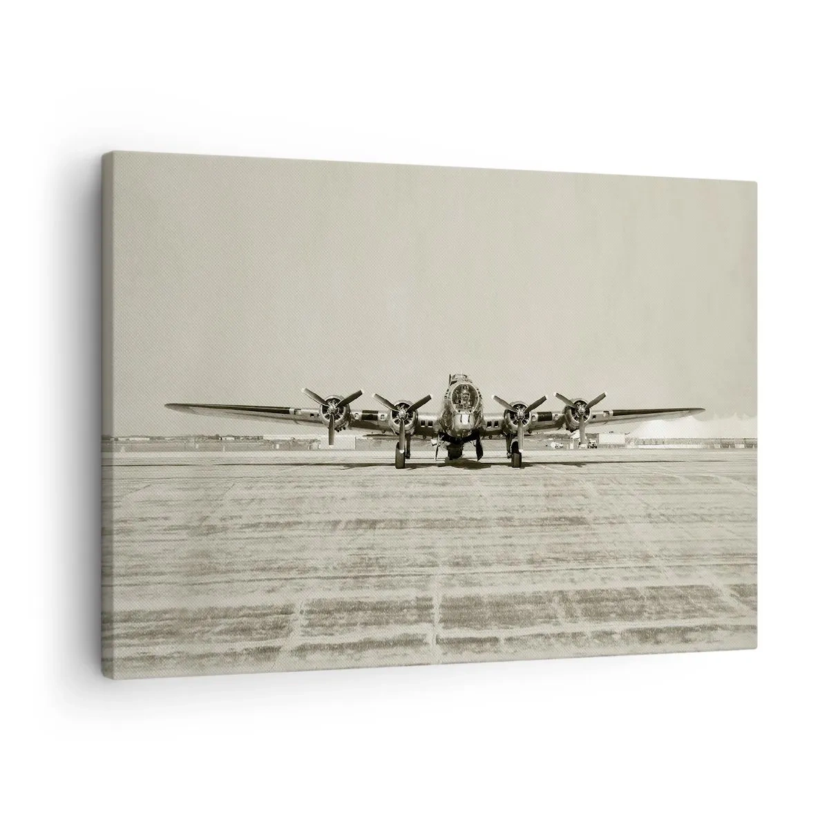 Cuadro sobre lienzo - Impresión de Imagen - Avión histórico en el aeropuerto en sepia - 70x50cm - Como siempre, preparado - Decoración de pared moderna para salón y dormitorio ARTTOR