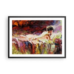 Póster en marco negro - Una mujer acostada en una cama sobre un fondo de colores abstractos. - 70x50cm - Una Venus reflexiva - Decoración de pared moderna para salón y dormitorio ARTTOR