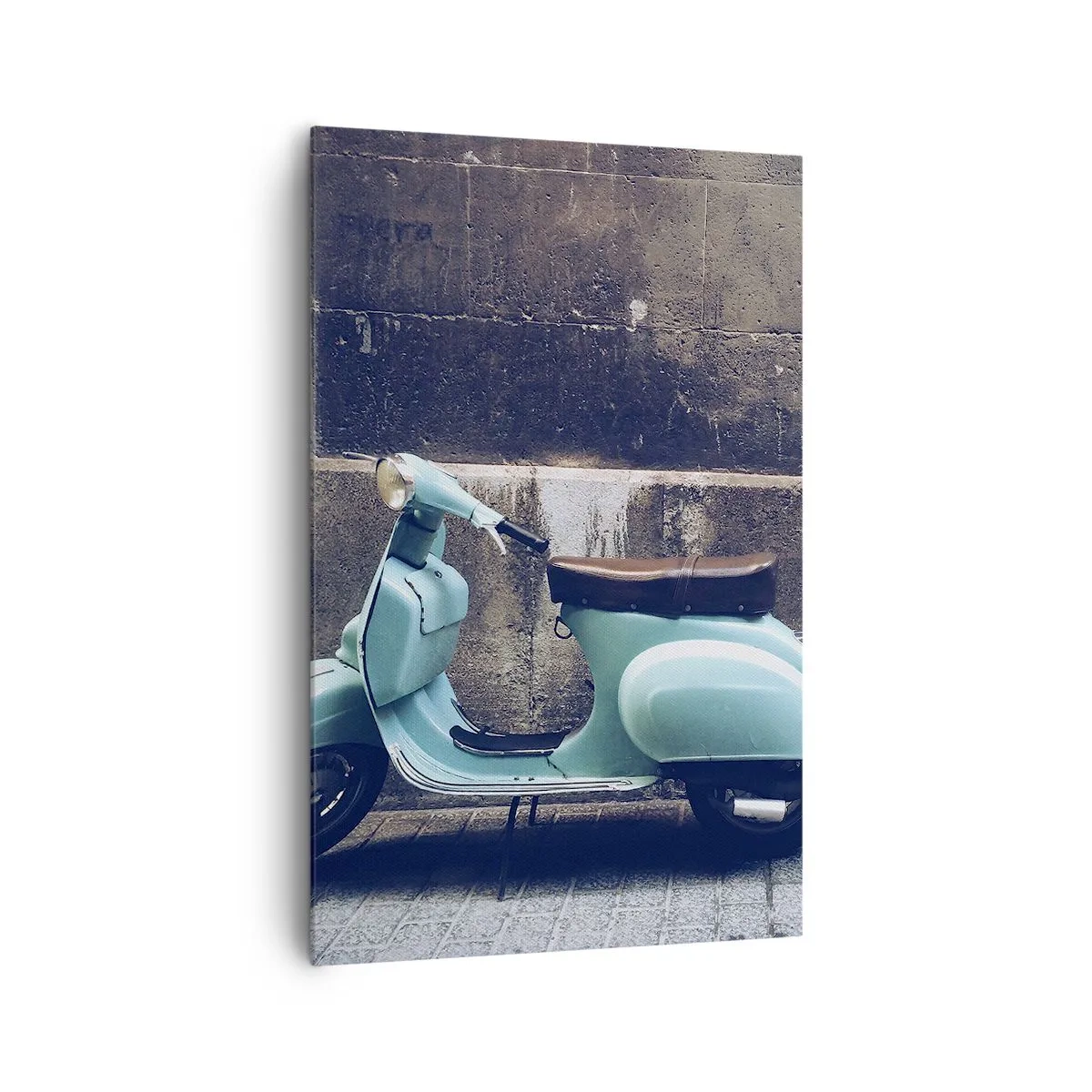 Cuadro sobre lienzo - Impresión de Imagen - Un scooter retro estacionado contra un muro de piedra. - 80x120cm - Momentos inolvidables - Decoración de pared moderna para salón y dormitorio ARTTOR
