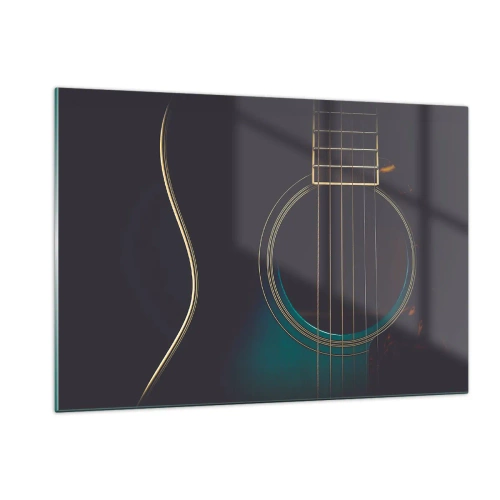 Cuadro sobre vidrio - Impresiones sobre Vidrio - Primer plano de una guitarra acústica negra con detalle de cuerdas. - 120x80cm - Un momento antes de que suene - Decoración de pared moderna para salón y dormitorio ARTTOR