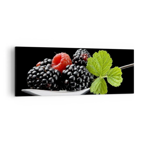 Cuadro sobre lienzo - Impresión de Imagen - Moras y frambuesas en una cuchara con una hoja sobre un fondo negro. - 140x50cm - El sabor de la frescura - Decoración de pared moderna para salón y dormitorio ARTTOR