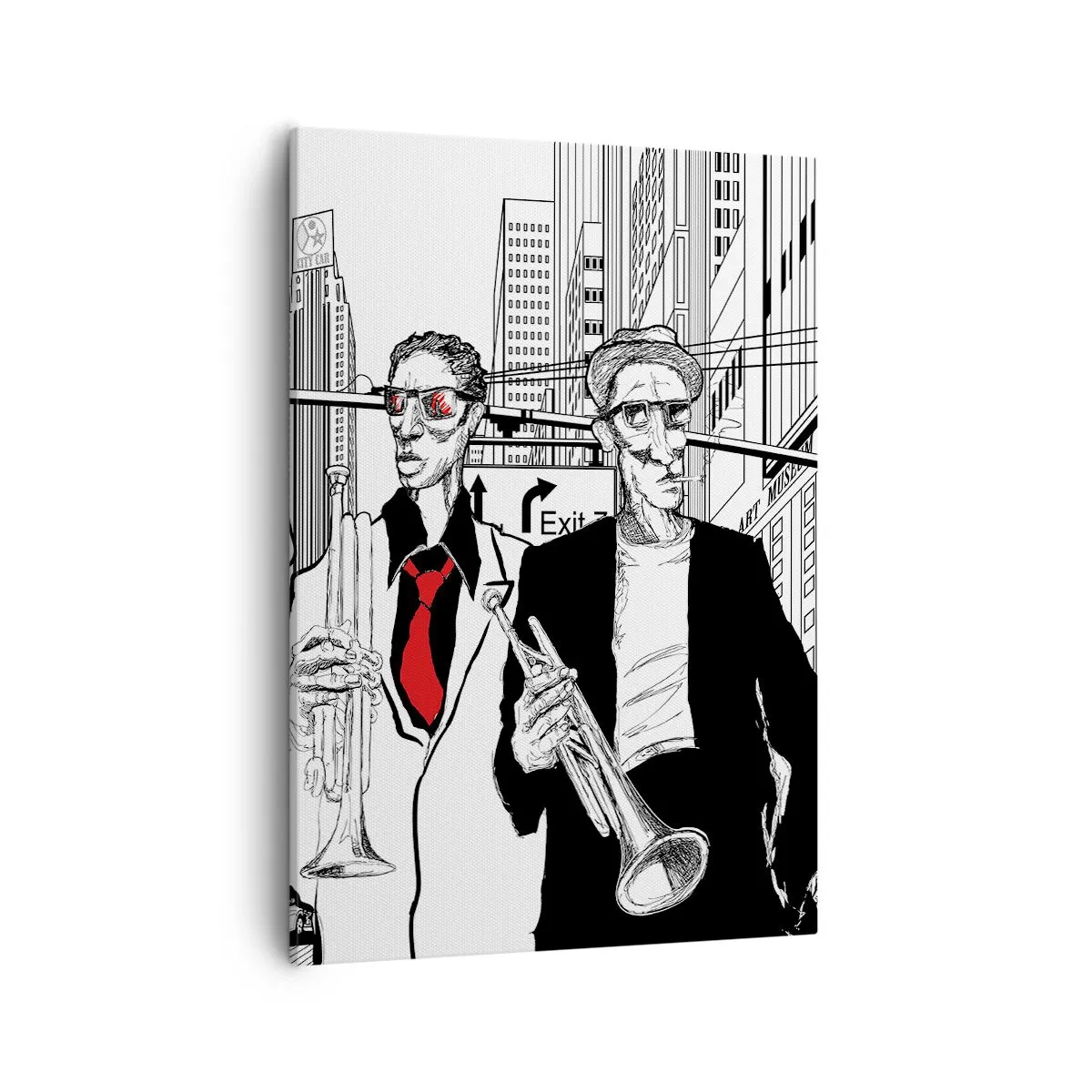 Cuadro sobre lienzo - Impresión de Imagen - Ilustración de músicos de jazz con un fondo urbano - 50x70cm - Rapsodia urbana en negro y rojo - Decoración de pared moderna para salón y dormitorio ARTTOR