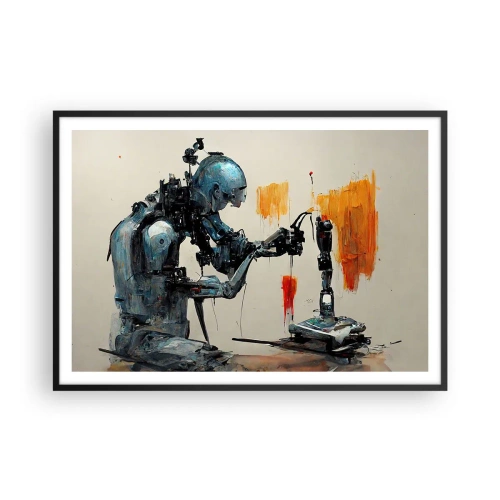 Póster en marco negro - Robot trabajando con fondo abstracto - 100x70cm - Próximamente... - Decoración de pared moderna para salón y dormitorio ARTTOR