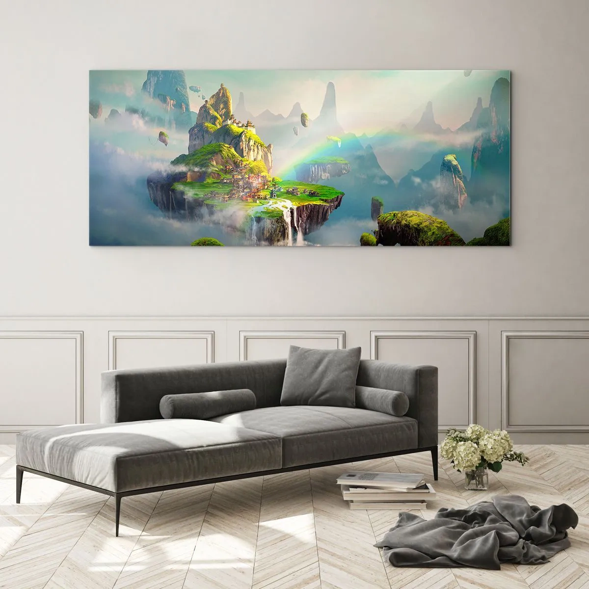 Cuadro sobre vidrio - Impresiones sobre Vidrio - Islas voladoras entre las nubes con un arcoíris en el horizonte. - 140x50cm - El medio de la nada - islas flotantes - Decoración de pared moderna para salón y dormitorio ARTTOR