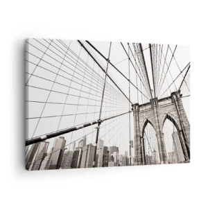 Cuadro sobre lienzo - Impresión de Imagen - El puente de Brooklyn en monocromo - 70x50cm - Catedral de Nueva York - Decoración de pared moderna para salón y dormitorio ARTTOR
