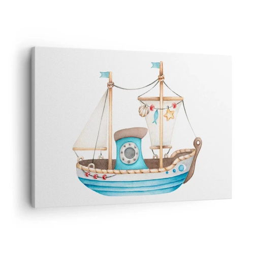 Cuadro sobre lienzo - Impresión de Imagen - Ilustración de un barco en colores pastel sobre un fondo blanco. - 70x50cm - A la aventura - Decoración de pared moderna para salón y dormitorio ARTTOR