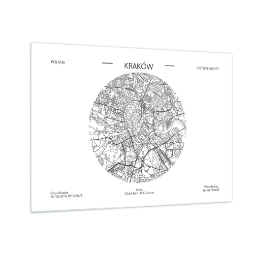 Cuadro sobre vidrio - Impresiones sobre Vidrio - Un mapa de Cracovia en un estilo de ilustración en blanco y negro - 70x50cm - Anatomía de Cracovia - Decoración de pared moderna para salón y dormitorio ARTTOR