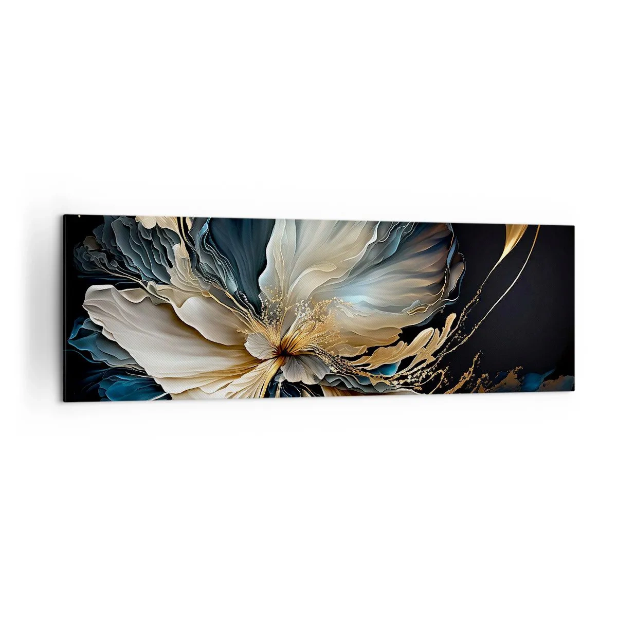 Cuadro sobre lienzo - Impresión de Imagen - Una flor en tonos dorados y azul marino sobre un fondo negro. - 160x50cm - Flor de helecho de cuento - Decoración de pared moderna para salón y dormitorio ARTTOR
