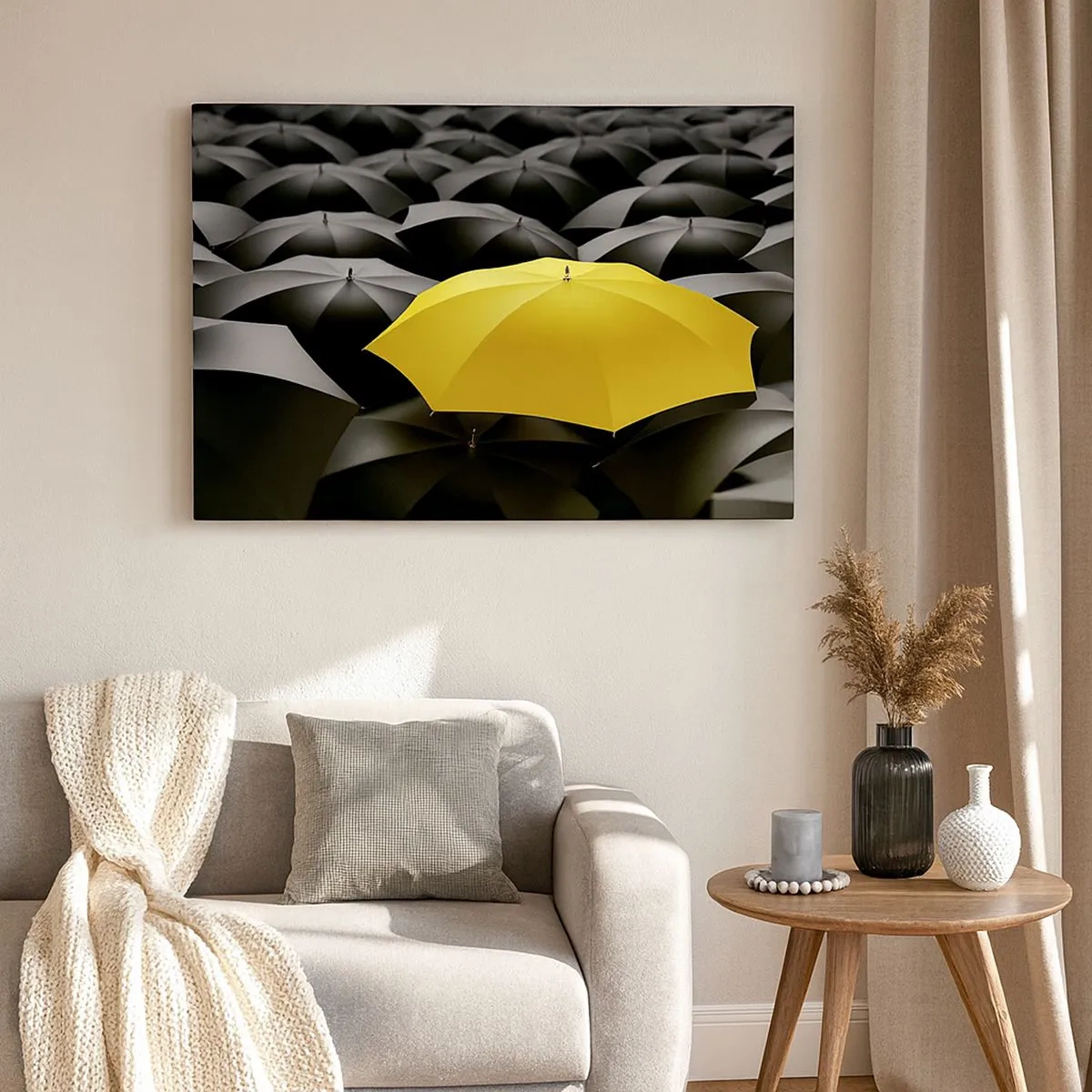 Cuadro sobre lienzo - Impresión de Imagen - Un paraguas amarillo entre paraguas negros. - 70x50cm - Adiós a la tristeza - Decoración de pared moderna para salón y dormitorio ARTTOR