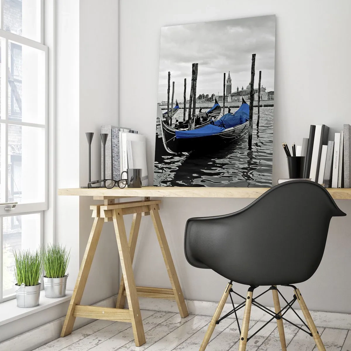 Cuadro sobre vidrio - Impresiones sobre Vidrio - Góndolas azules con el paisaje veneciano como telón de fondo - 50x70cm - Venecia en el pensamiento - Decoración de pared moderna para salón y dormitorio ARTTOR