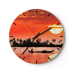 Reloj de pared - Reloj de vidrio - Un barco con el telón de fondo de una puesta de sol tropical. - 30x30cm - La paz de los trópicos al atardecer - Decoración de pared moderna para salón, cocina y dormitorio ARTTOR