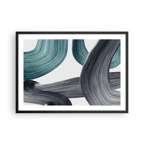Póster en marco negro - Líneas abstractas fluidas en tonos verdes y grises. - 70x50cm - Senderos esmeralda y negro - Decoración de pared moderna para salón y dormitorio ARTTOR