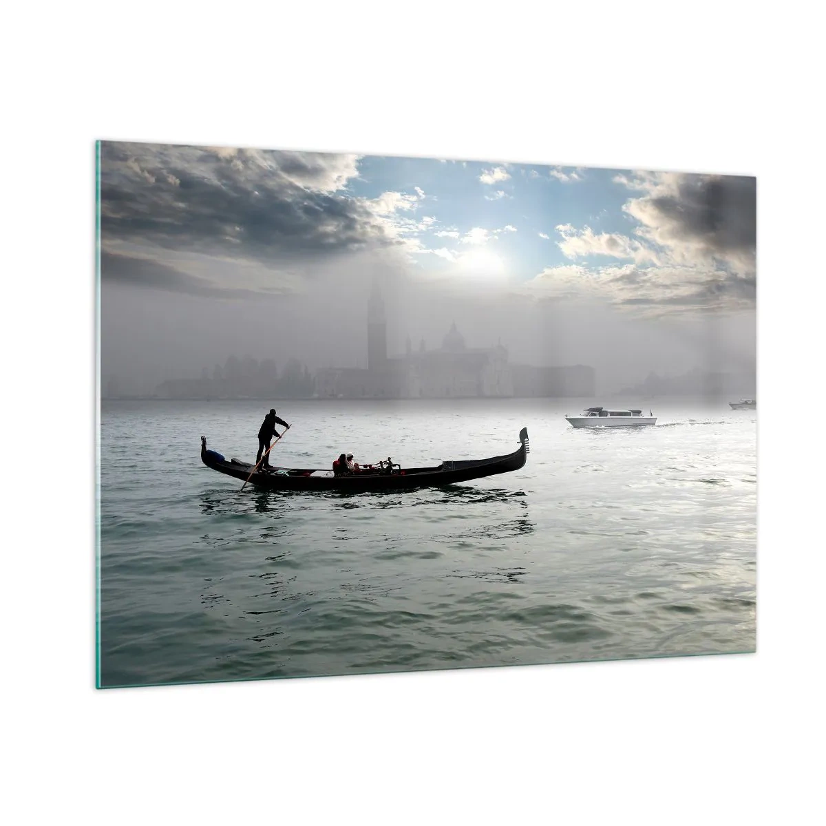 Cuadro sobre vidrio - Impresiones sobre Vidrio - Góndola sobre las aguas de Venecia en una mañana de niebla - 100x70cm - Una fabulosa ciudad de agua y niebla - Decoración de pared moderna para salón y dormitorio ARTTOR