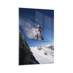 Cuadro sobre vidrio - Impresiones sobre Vidrio - Un snowboarder salta desde una roca frente a un paisaje montañoso. - 80x120cm - Y te convertiste en parte del lugar - Decoración de pared moderna para salón y dormitorio ARTTOR