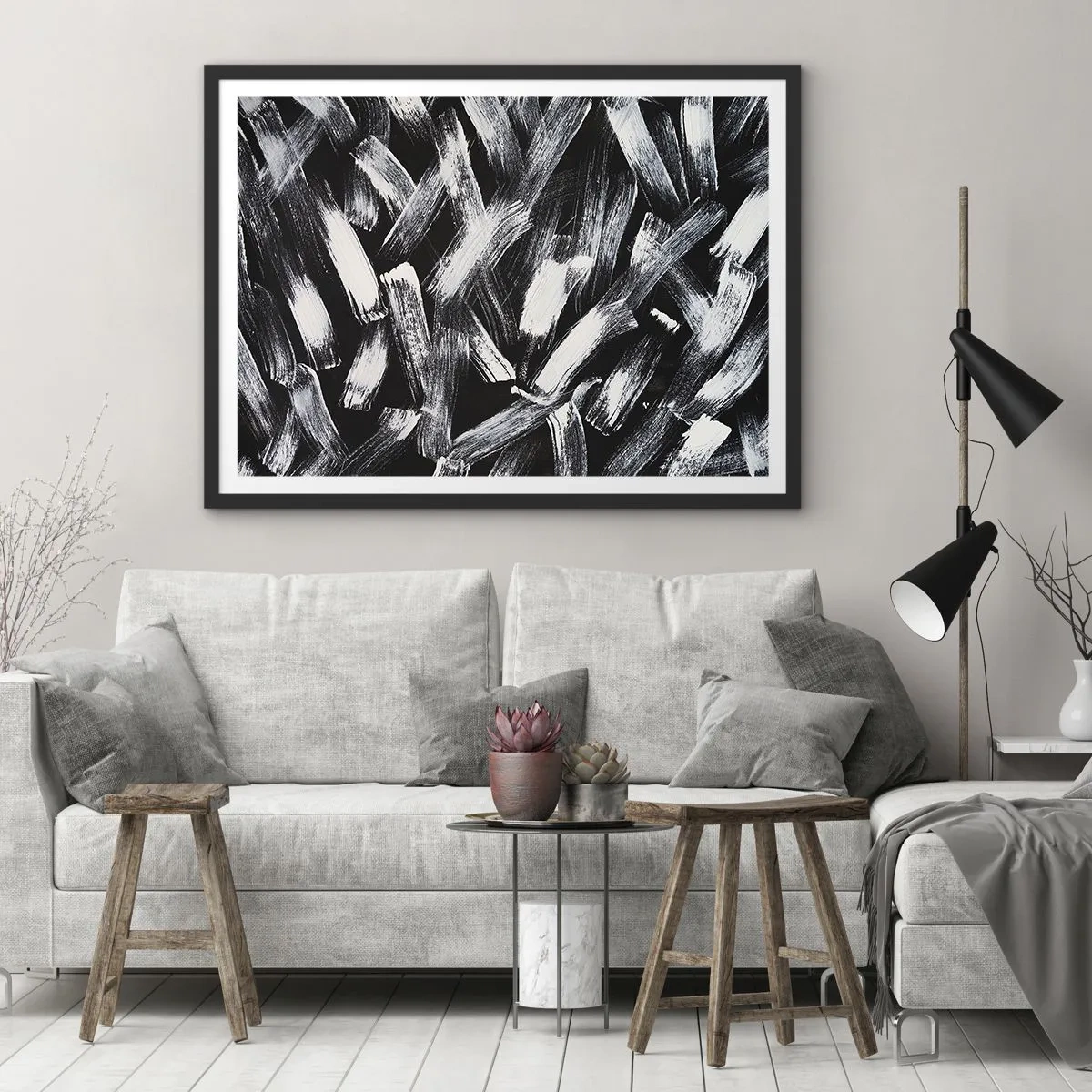 Póster en marco negro - Abstracción dinámica con pinceladas blancas sobre fondo negro. - 70x50cm - Abstracción en el espíritu industrial - Decoración de pared moderna para salón y dormitorio ARTTOR