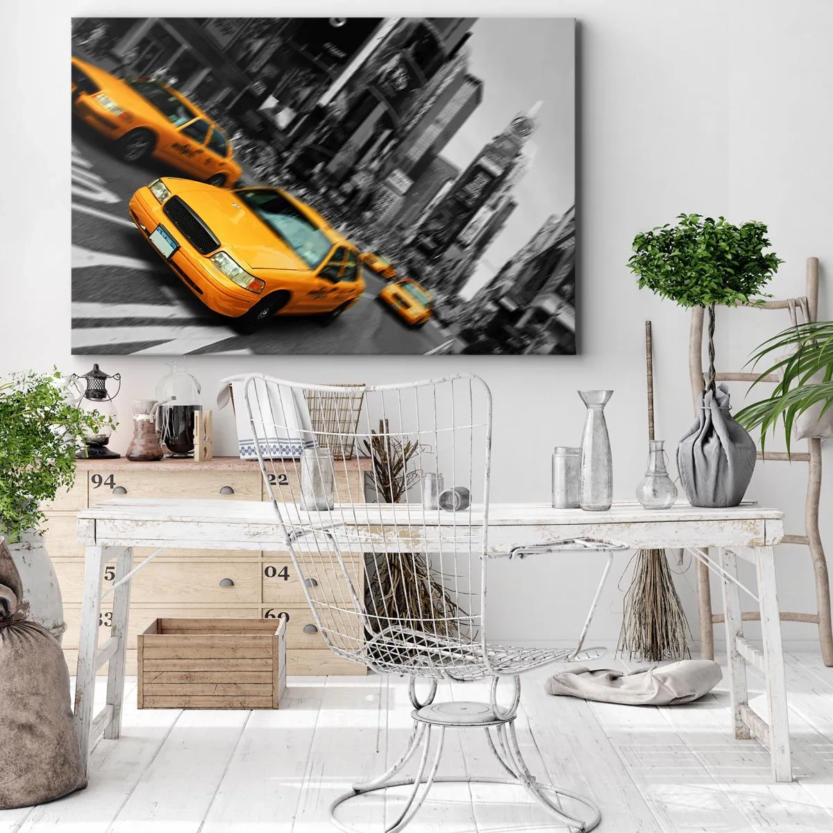 Cuadro sobre lienzo - Impresión de Imagen - Taxis amarillos en una intersección concurrida de la ciudad - 70x50cm - El sol cae sobre Nueva York - Decoración de pared moderna para salón y dormitorio ARTTOR