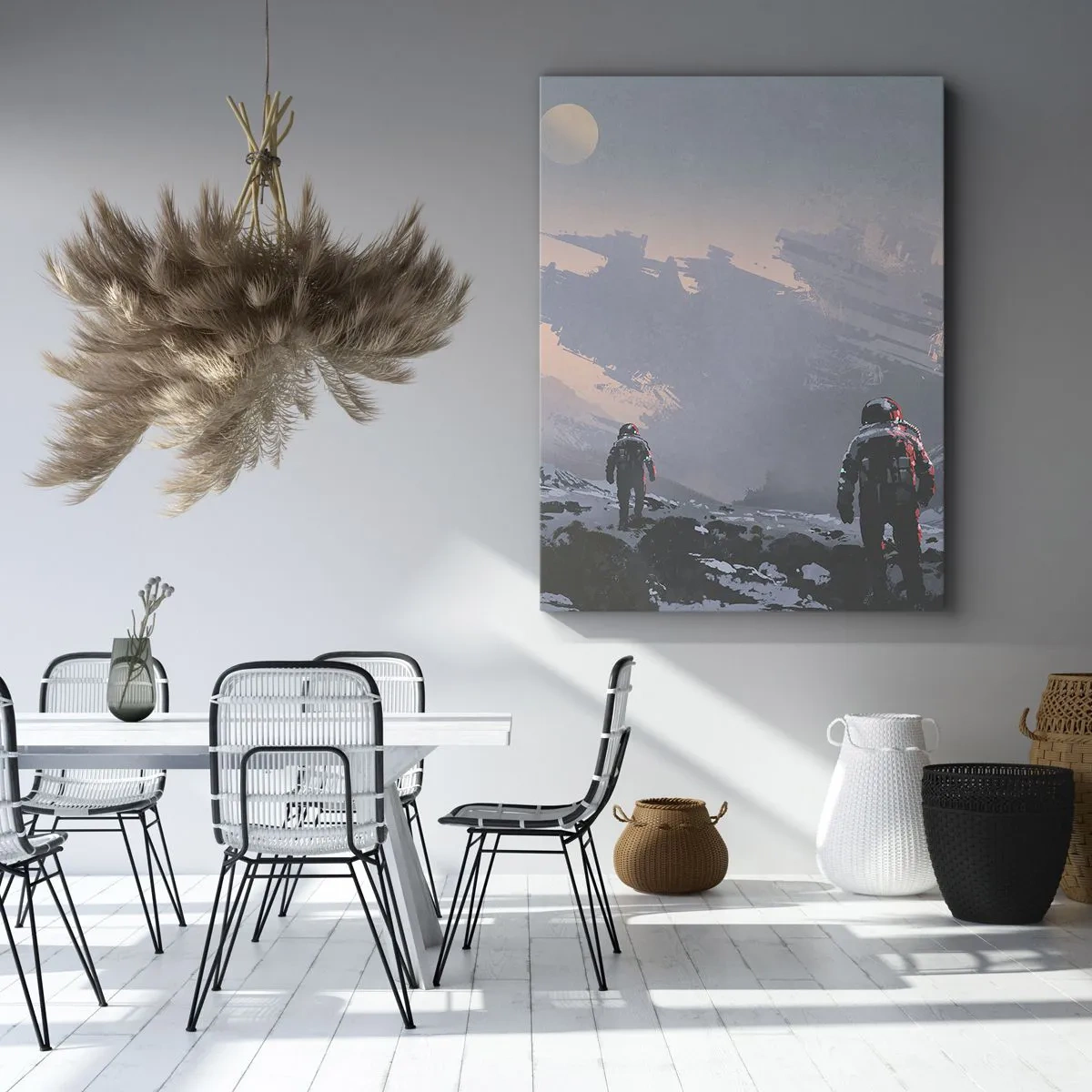 Cuadro sobre lienzo - Impresión de Imagen - Astronautas en un planeta alienígena con una nave espacial destrozada - 50x70cm - Bajo una estrella desconocida - Decoración de pared moderna para salón y dormitorio ARTTOR
