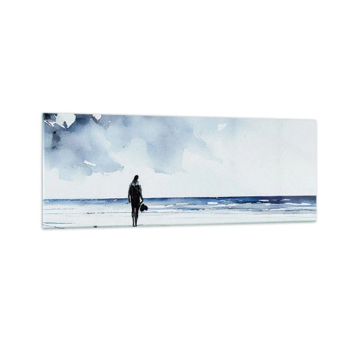 Cuadro sobre vidrio - Impresiones sobre Vidrio - Una figura en una playa en un entorno de mar tranquilo. - 140x50cm - Conversación con el mar - Decoración de pared moderna para salón y dormitorio ARTTOR
