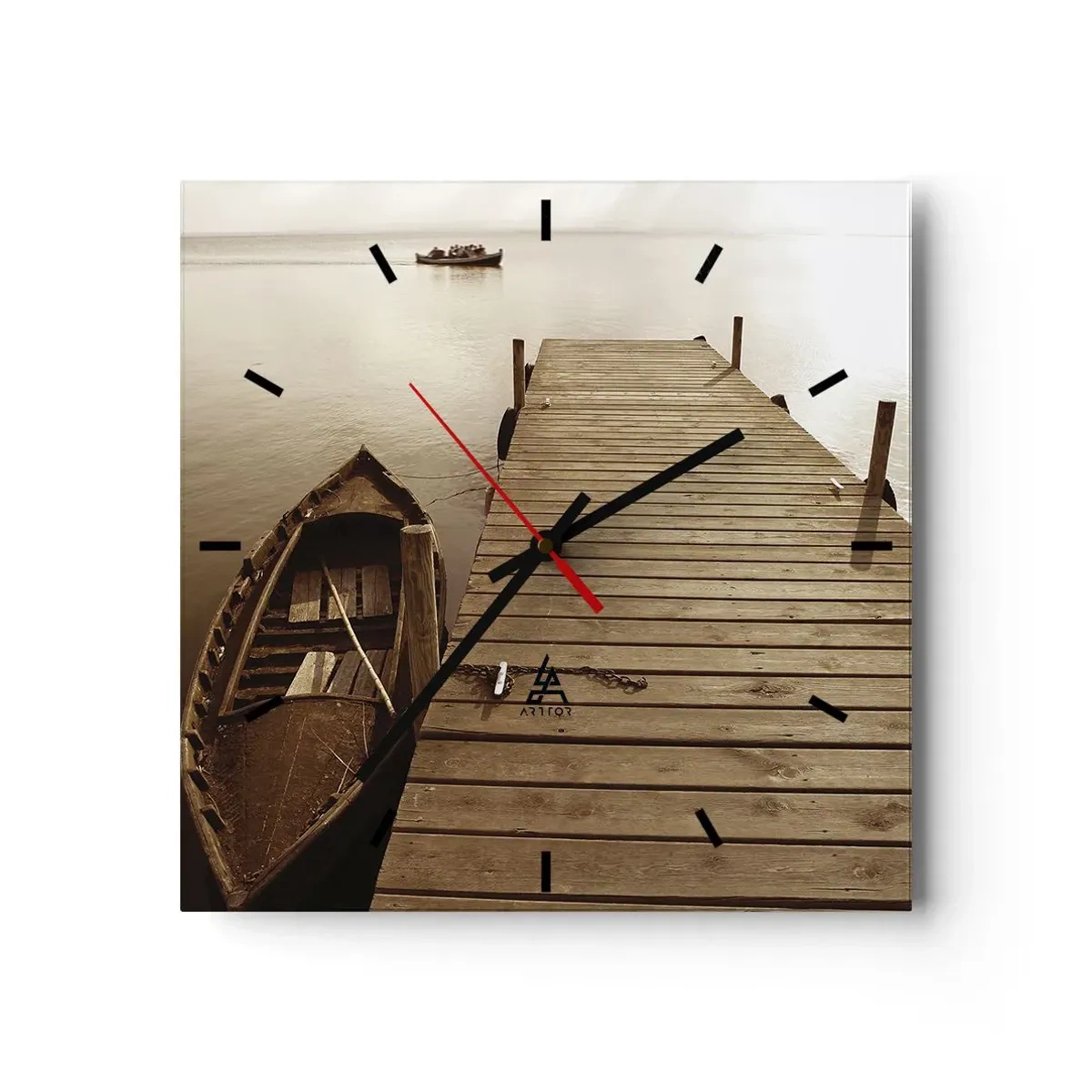 Reloj de pared - Reloj de vidrio - Muelle de madera y barco en un lago tranquilo - 30x30cm - La auténtica paz - Decoración de pared moderna para salón y dormitorio ARTTOR