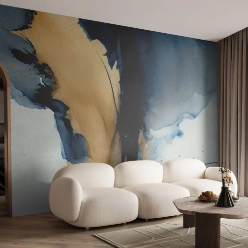 Fotomural Premium Sand - Cuadro abstracto azul marino y dorado en estilo acuarela - 100x70cm - Tras el telón - Decoración de pared moderna para salón y dormitorio ARTTOR