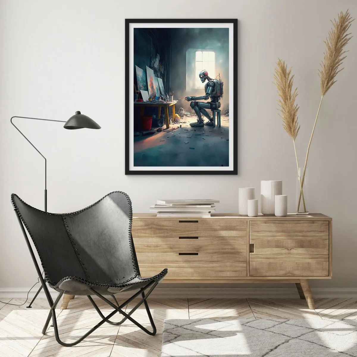 Póster en marco negro - Artista robot pintando cuadros en su estudio - 50x70cm - El acto de creación - Decoración de pared moderna para salón y dormitorio ARTTOR
