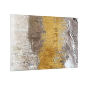 Cuadro sobre vidrio - Impresiones sobre Vidrio - Las estructuras doradas y terrosas crean una abstracción dinámica. - 70x50cm - Una ráfaga dorada - Decoración de pared moderna para salón y dormitorio ARTTOR