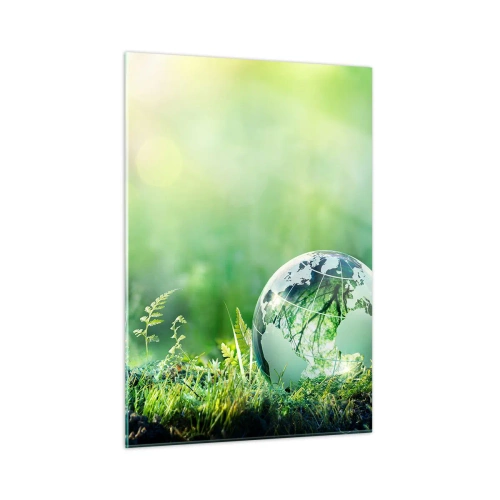 Cuadro sobre vidrio - Impresiones sobre Vidrio - Una bola de cristal con un mapa del mundo sobre un fondo de naturaleza verde. - 50x70cm - Planeta verde - Decoración de pared moderna para salón y dormitorio ARTTOR