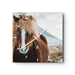 Reloj de pared - Reloj de vidrio - Caballo islandés frente a un paisaje montañoso - 30x30cm - ¿Puedes sentir la libertad? - Decoración de pared moderna para salón y dormitorio ARTTOR