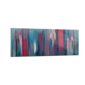 Cuadro sobre vidrio - Impresiones sobre Vidrio - Formas verticales abstractas en tonos azules y rojos. - 140x50cm - Composición vertical en azul y rojo - Decoración de pared moderna para salón y dormitorio ARTTOR