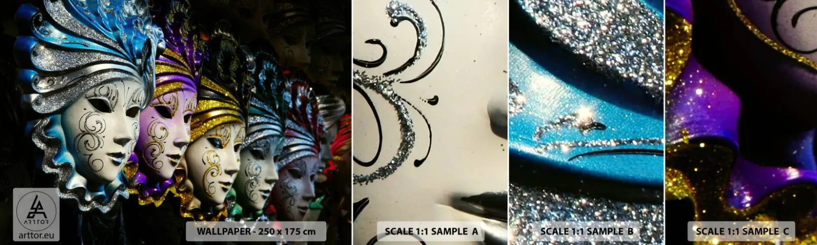 Muestra de fotomural autoadhesivo Deluxe Sticker - Misterio en oro y plata - máscara veneciana, Venecia, Carnaval - 100x30 cm