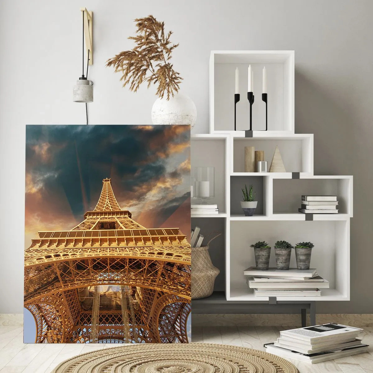 Cuadro sobre vidrio - Impresiones sobre Vidrio - La Torre Eiffel desde abajo con el sol poniente como telón de fondo - 70x100cm - Mientras la humanidad alcanza el cielo - Decoración de pared moderna para salón y dormitorio ARTTOR
