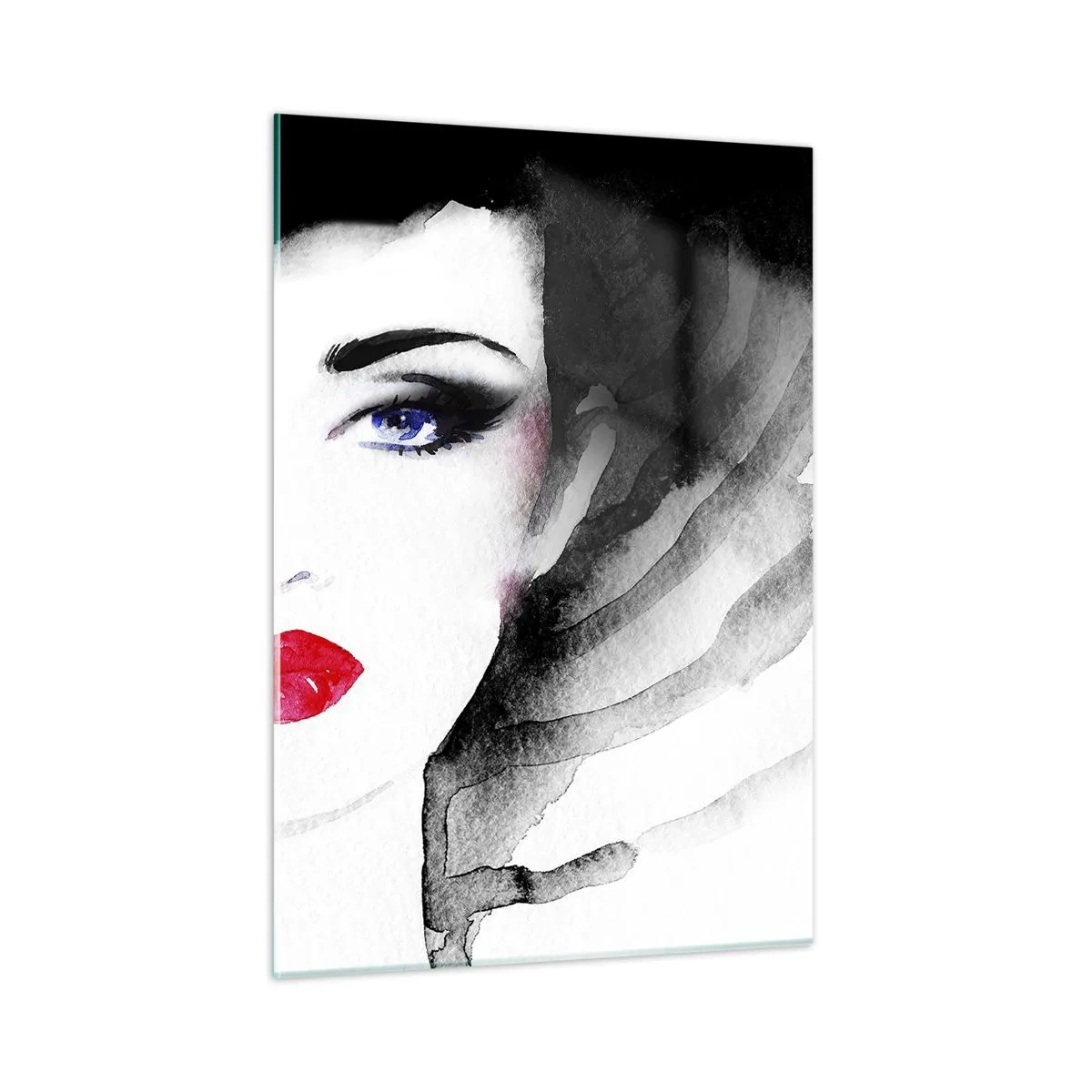 Cuadro sobre vidrio - Impresiones sobre Vidrio - Retrato de una mujer con labios rojos expresivos y un sombrero negro. - 50x70cm - Lenguaje no verbal - Decoración de pared moderna para salón y dormitorio ARTTOR