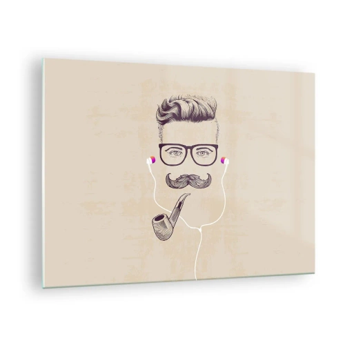 Cuadro sobre vidrio - Impresiones sobre Vidrio - Un dibujo de un hombre estilizado con gafas, bigote y pipa. - 70x50cm - Moda masculina - Decoración de pared moderna para salón y dormitorio ARTTOR