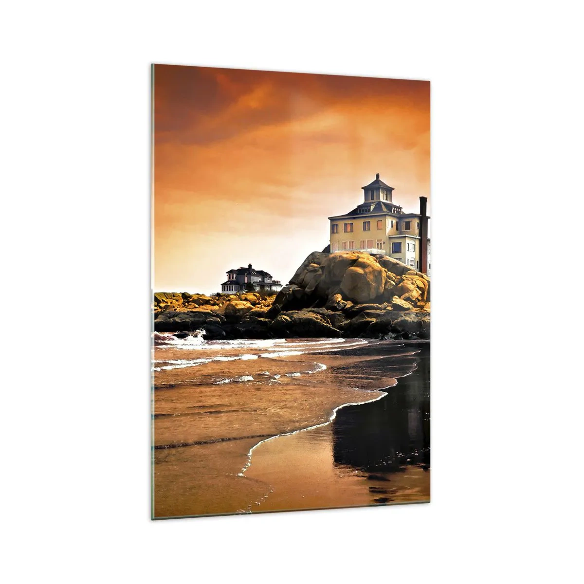 Cuadro sobre vidrio - Impresiones sobre Vidrio - Una casa sobre una roca junto a la playa al atardecer con su reflejo en el agua. - 70x100cm - La elegancia de la costa oeste - Decoración de pared moderna para salón y dormitorio ARTTOR