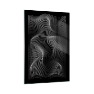 Cuadro sobre vidrio - Impresiones sobre Vidrio - Líneas blancas abstractas sobre un fondo negro - 70x100cm - La danza de la luz en el espacio - Decoración de pared moderna para salón y dormitorio ARTTOR