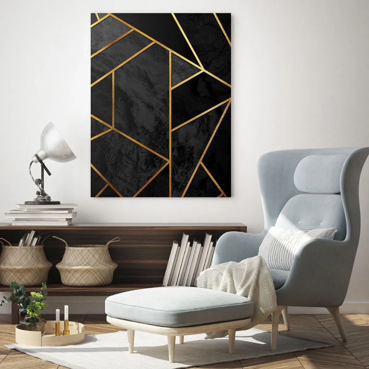 Cuadro sobre vidrio - Impresiones sobre Vidrio - Composición geométrica negra y dorada sobre un fondo de mármol. - 50x70cm - Oscuridad y brillo - Decoración de pared moderna para salón y dormitorio ARTTOR