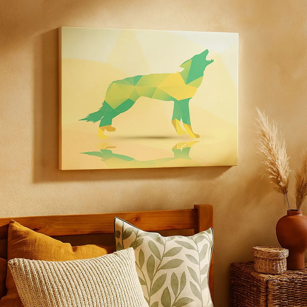 Cuadro sobre lienzo - Impresión de Imagen - Silueta geométrica de lobo en tonos verdes y amarillos. - 70x50cm - Lobo solitario - Decoración de pared moderna para salón y dormitorio ARTTOR