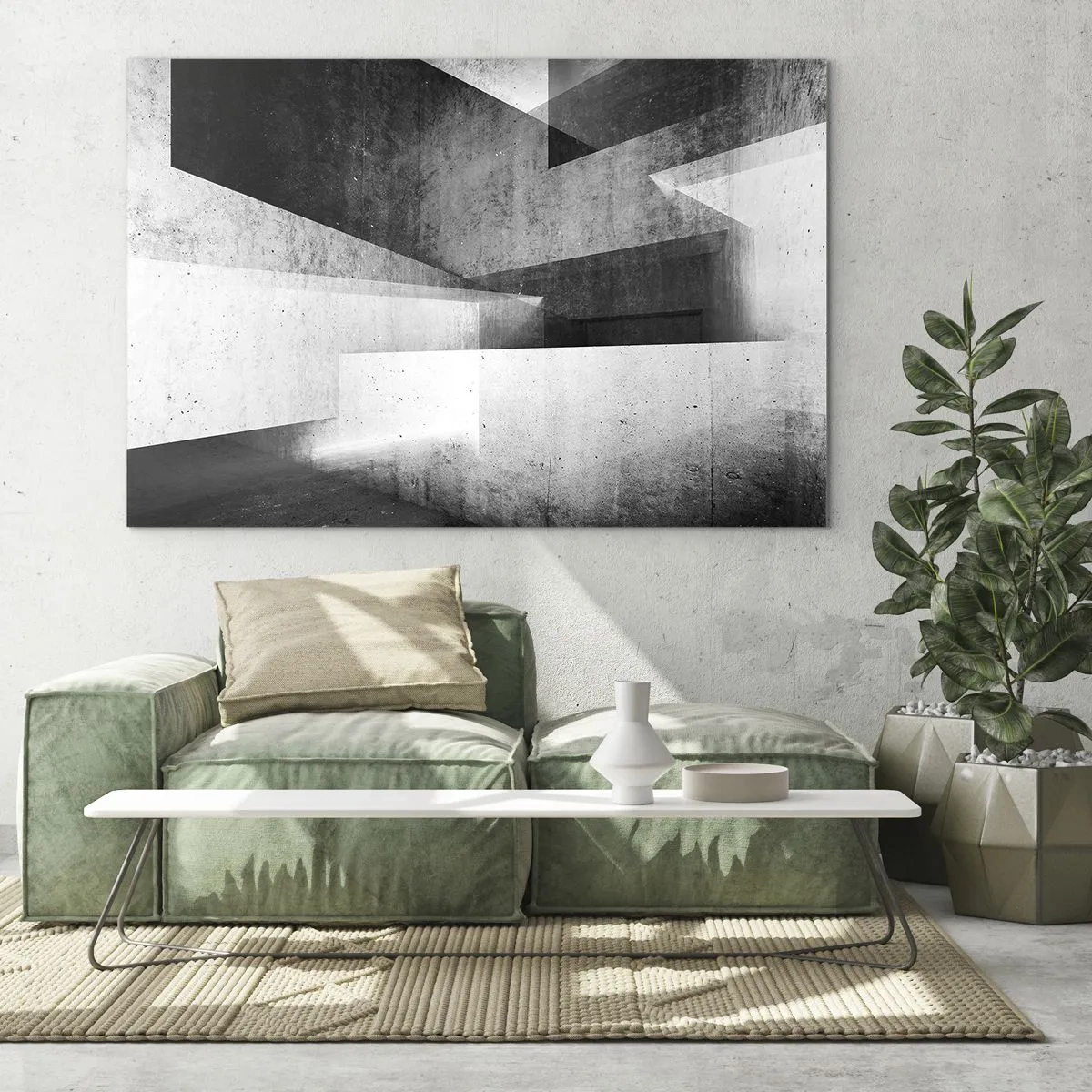 Cuadro sobre vidrio - Impresiones sobre Vidrio - Formas geométricas de hormigón en tonos blanco y negro - 70x50cm - La estructura del espacio - Decoración de pared moderna para salón y dormitorio ARTTOR